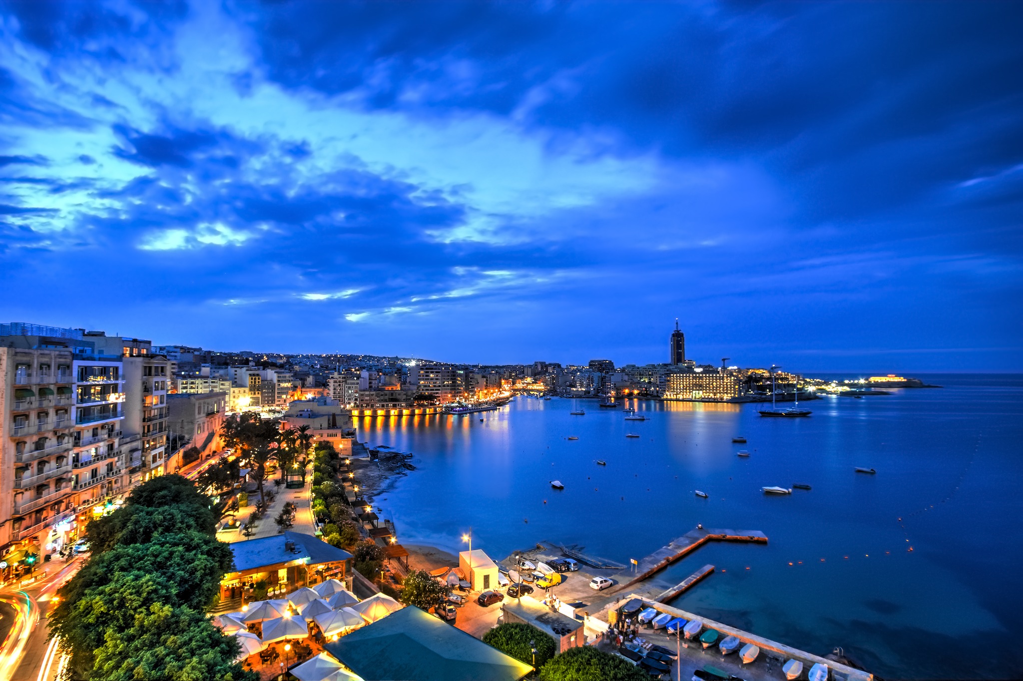 Aerial view of St. Julian's bay at the blue hour, Malta